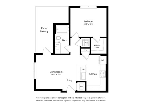 A floor plan of a house with a living room, kitchen, bathroom, bedroom and entry.